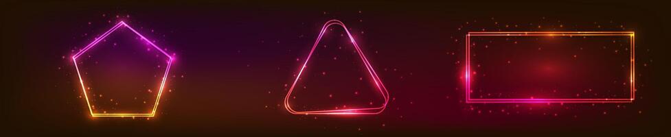 Set of three neon double frames with shining effects vector