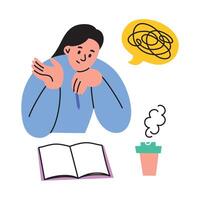 illustration of a girl student thinking over an open notebook with a pen in hand, doing homework with confusion and pondering. Flat cartoon style, for educational themes, school, and learning vector