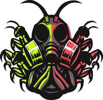 a gas mask with a red and green insect on it vector