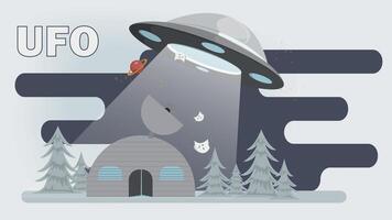 A flat illustration of a UFO flying at night over a hangar with a radio telescope on the roof located in the forest vector