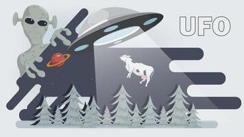 A flat illustration of an alien peeking out from behind a flying UFO over a forest vector