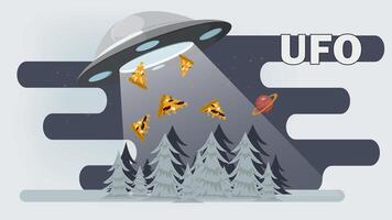 A flat illustration of a UFO stealing pizza slices at night in a forest against a starry sky vector