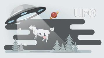 A flat illustration of a UFO abducts an animal cow in a forest clearing using a beam vector