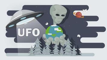 A flat illustration of an alien holding planet earth in his palms against a forest background vector