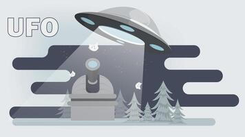 A flat illustration of a UFO flying over an observatory at night with a telescope that observes space vector