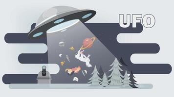 A flat illustration of a UFO stealing various objects and animals on a dark night vector