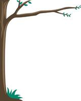 One of the trunks of a tall, thin and straight dry tree extends to the right with sparse young leaves growing on the branches. There is a clump of green grass under the tree. Cartoon style. vector