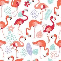 Pattern with pink flamingos and tropical leaves on a white background. Pink flamingo in flat style. Seamless pattern for textile, wrapping paper, background. vector