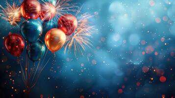 A cluster of colorful balloons is tied together with a sparkler and set against a blue background photo