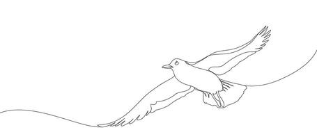 One line seagull hand drawn illustration. Outline bird flying. Hand drawn minimalism style continuous line illustration. Beautiful sea life design elements. vector