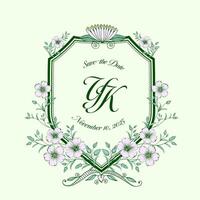 Elegant symmetrical floral crest with Y K, YK initials. vector