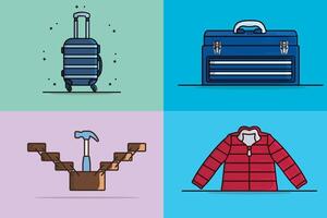 Collection of home objects illustration. Bag, Hammer, mechanic repairing tool, and jacket icon design. vector