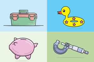 Collection of home objects illustration. Repairing toolbox, duck, screw gauge, and pig bank icon. vector