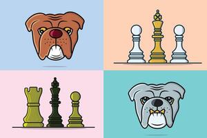 Collection of Dog faces and Chess game illustrations. Animals and game objects icon design. vector