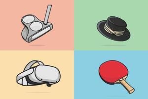 Collection of cleaner machine, hat, VR, and badminton bat illustration. vector