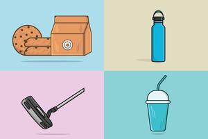 Collection of home objects illustration. Biscuits, juice, cleaner machine, and water bottle icon design. vector