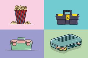 Collection of home objects illustration. popcorn, repairing toolbox, and lunch illustration. vector
