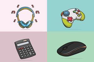 Collection of headphone, gaming console, calculator, and mouse illustration. vector