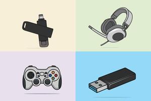 Collection of gaming objects illustrations. USBs, gaming console, and headphones icon design. vector