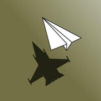 Simple origami paper plane with shadow of a real plane. stylish sticker. vector