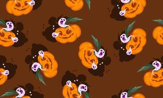 Halloween seamless pattern pumpkin and ghost with shadow. vector