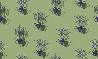 Spiders on webs seamless pattern on green background. vector