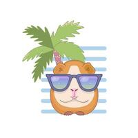 Funny print of guinea pig with glasses on palm tree background. Picture for the design of T-shirt for kids poster. vector