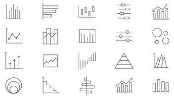 Growing bar graph line icon set. Business graphs and charts icons, line charts, finance report, income growth, economy statistic, gantt diagram, infographic, pie charts icons set collection. vector