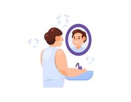Illustration of a man who feels ugly when he sees a face in the mirror. Reflect. feel insecure. looks sad because of an ugly face or not good looking. facial skin problems. Character illustrations vector