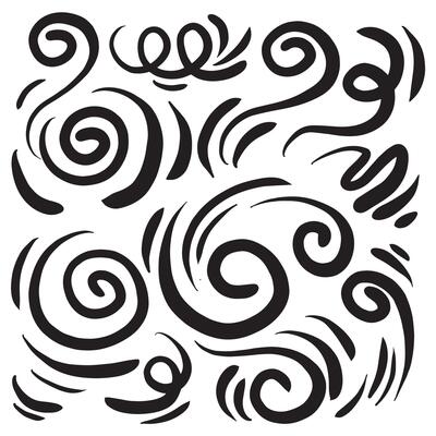 Doodle wind line sketch set. Hand drawn doodle wind movement, air blowing, vortex elements. Sketch of air blowing movement, abstract lines