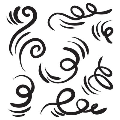 Doodle wind line sketch set. Hand drawn doodle wind movement, air blowing, vortex elements. Sketch of air blowing movement, abstract lines