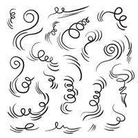 Doodle wind line sketch set. Hand drawn doodle wind movement, air blowing, vortex elements. Sketch of air blowing movement, abstract lines. vector