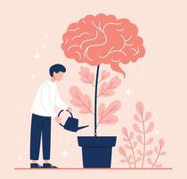 Man holds a watering can in his hand and waters a plant growing from his brain. vector