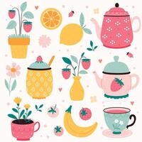 A set of teapots and glasses and a sugar bowl with strawberries, lemon and banana. vector