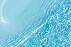 Bluewater waves on the surface ripples blurred. Defocus blurred transparent blue colored clear calm water surface texture with splash and bubbles. Water waves with shining pattern texture background. photo
