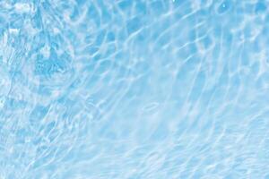 Blue water with ripples on the surface. Defocus blurred transparent blue colored clear calm water surface texture with splashes and bubbles. Water waves with shining pattern texture background. photo