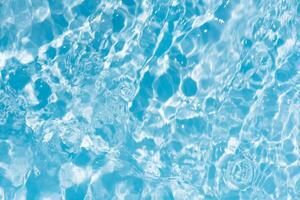 Blue water with ripples on the surface. Defocus blurred transparent blue colored clear calm water surface texture with splashes and bubbles. Water waves with shining pattern texture background. photo