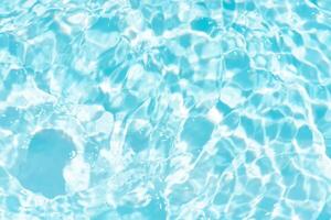 Blue water with ripples on the surface. Defocus blurred transparent blue colored clear calm water surface texture with splashes and bubbles. Water waves with shining pattern texture background. photo