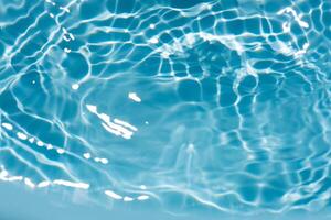 Blue water with ripples on the surface. Defocus blurred transparent blue colored clear calm water surface texture with splashes and bubbles. Water waves with shining pattern texture background. photo