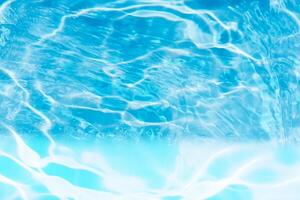 Bluewater waves on the surface ripples blurred. Defocus blurred transparent blue colored clear calm water surface texture with splash and bubbles. Water waves with shining pattern texture background. photo