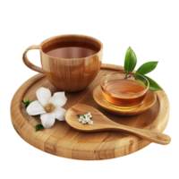 Cup of tea with flowers and leaves on a wooden plate with spoon and spoon on a wooden tray transparent background. png