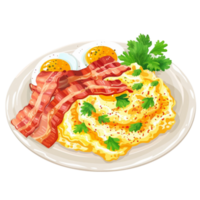 Scrambled eggs with bacon and eggs on a plate transparent background. png