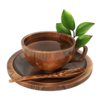 Wooden cup and saucer with tea leaves and spoon on transparent background png
