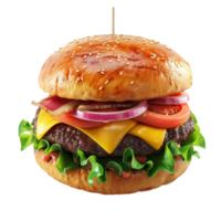 Hamburger and burger with flying elements isolated on transparent background Generated AI png