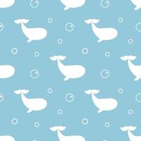 Seamless pattern with silhouettes fish, whale and bubble on a light blue background. For textile, fabric, greeting card, invitation vector