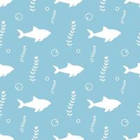Seamless pattern with silhouettes fish, plant elements and bubble on a light blue background. For textile, fabric, greeting card, invitation vector
