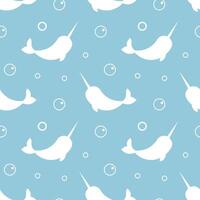 Child Seamless pattern with white Narwhal and bubbles isolated on light blue background. For textile, fabric, greeting card, invitation. vector
