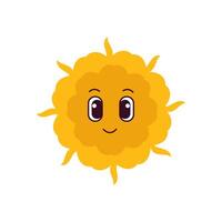 Cute yellow sun with face and curve rays flat illustration. Sun with sunbeams character isolated on white background. vector