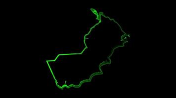 Neon frame effect map of Oman, glow, black background. video