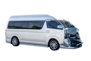 Front view of white van get damaged by accident on the road. damaged cars after collision. isolated on transparent background, car crash bumper graphic design element png